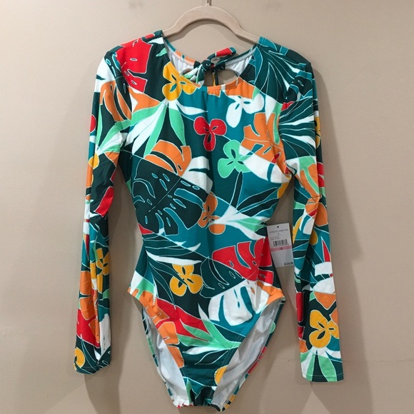 Vince Camuto Swimsuit One Piece Open Back Sz 10 Tropical Print Long Sleeve NWT - Picture 1 of 8